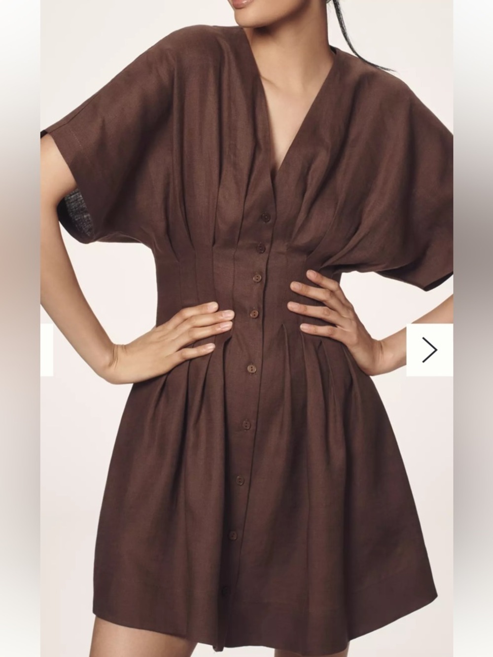 Exquise The Tobie Linen Brown Pleated Mini Shirt V Neck Dress Size Medium A1